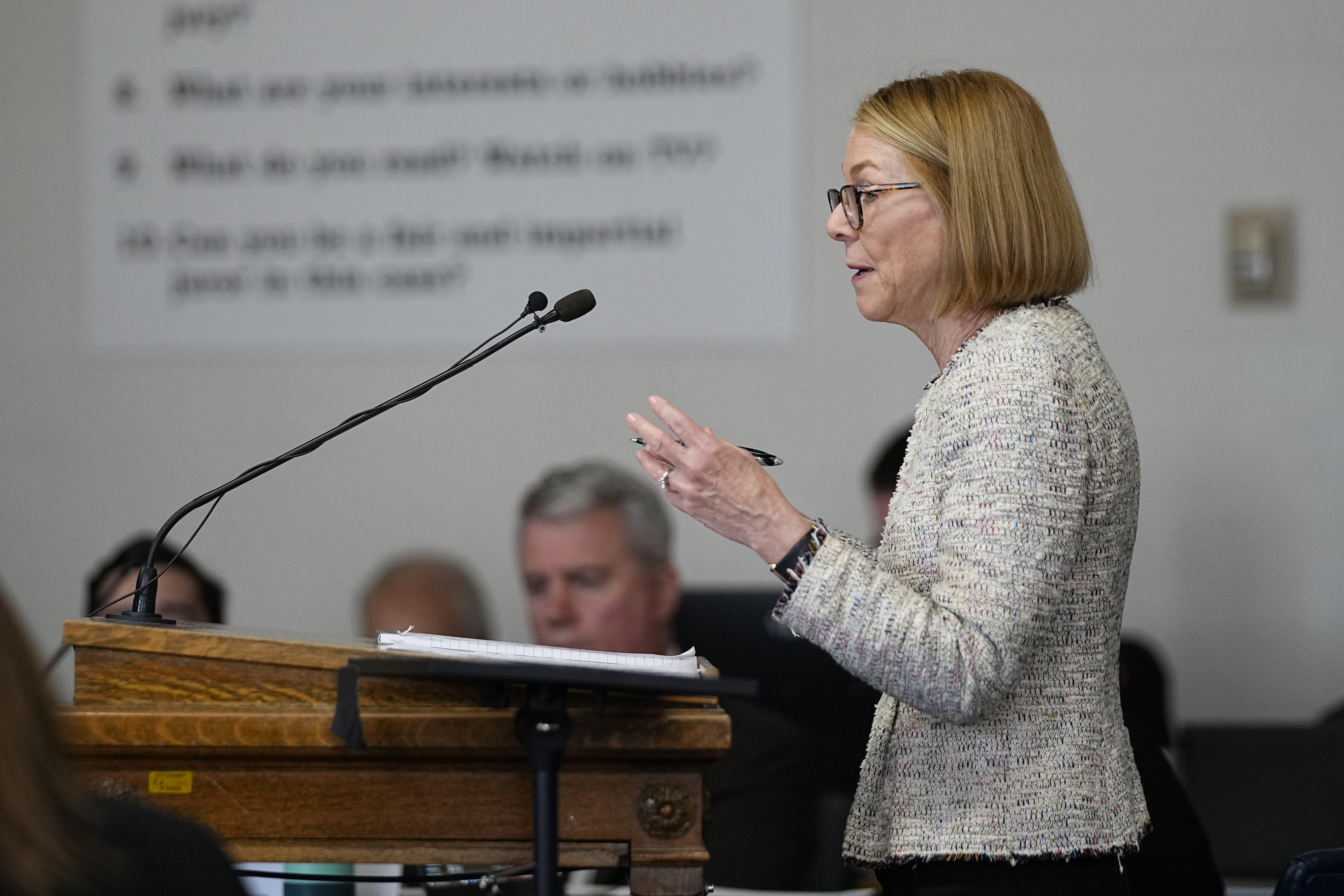 Jane Raskin, attorney from the Colorado Republican State Central Committee, cross examines a witness during a hearing for a lawsuit to keep former President Donald Trump off the state ballot in court Wednesday, Nov. 1, 2023, in Denver. (AP Photo/Jack Dempsey, Pool)