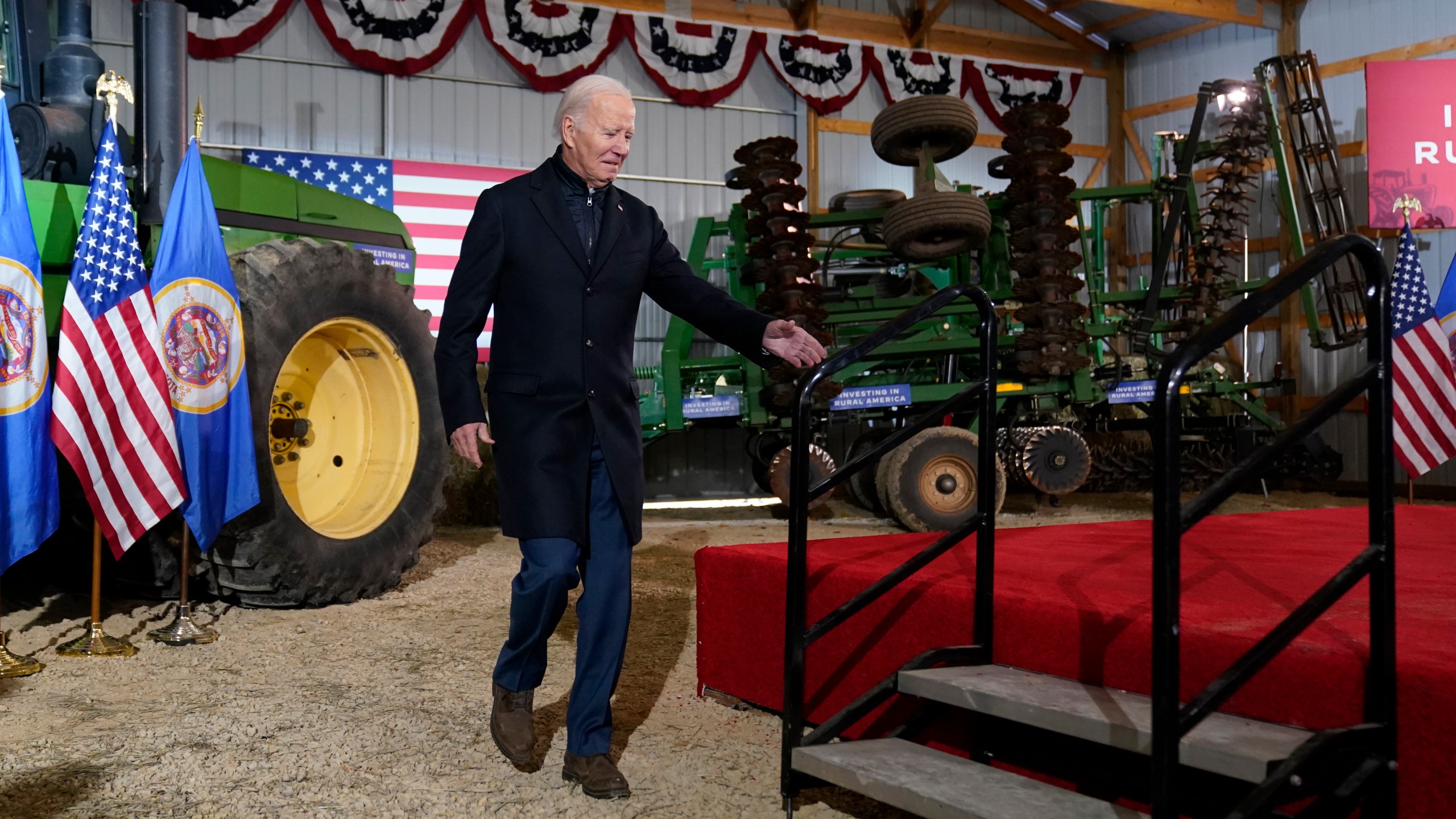 President Joe Biden walks onto stage to speak at Dutch Creek Farms in Northfield, Minn., Wednesday, Nov. 1, 2023. (AP Photo/Andrew Harnik)