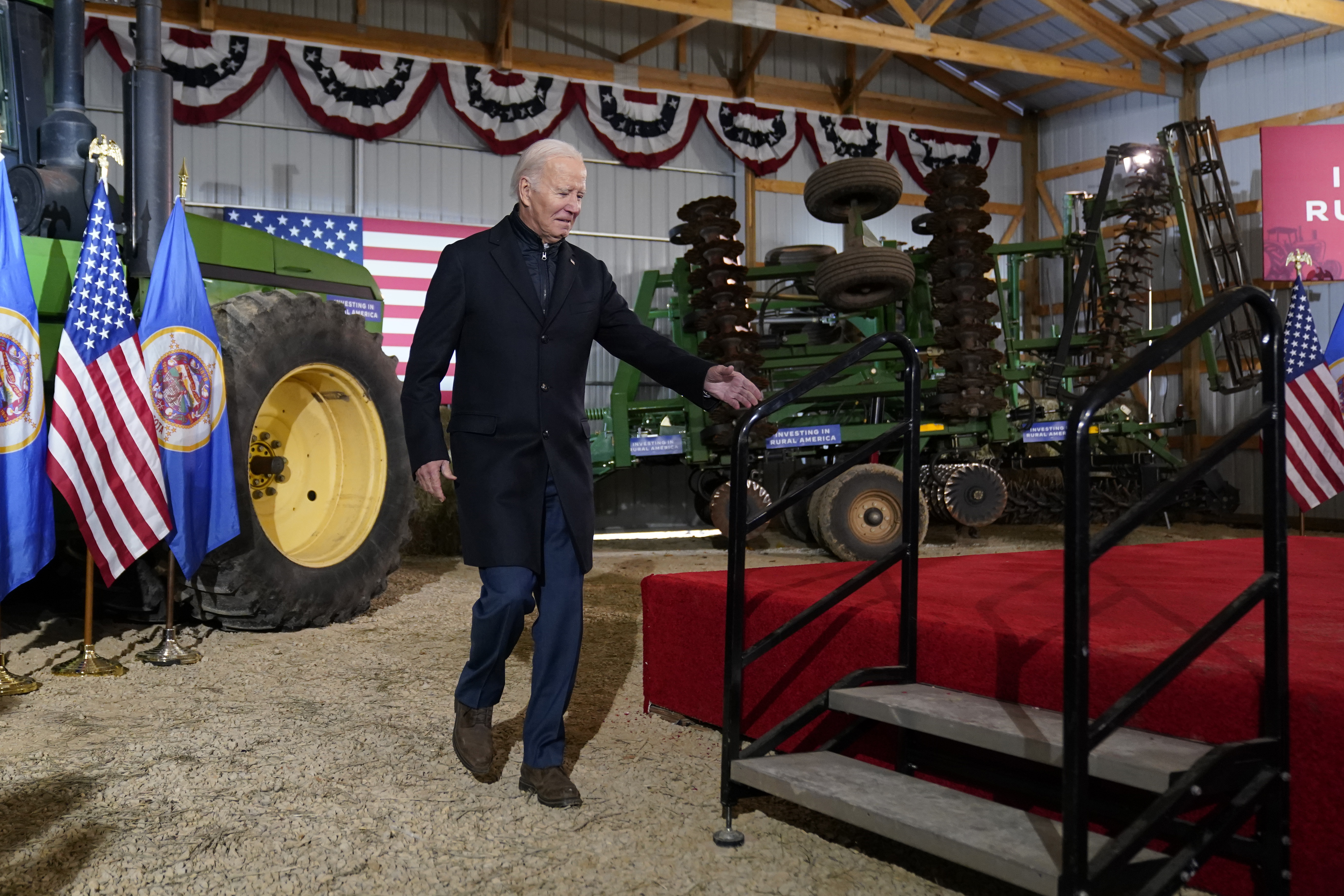 President Joe Biden walks onto stage to speak at Dutch Creek Farms in Northfield, Minn., Wednesday, Nov. 1, 2023. (AP Photo/Andrew Harnik)