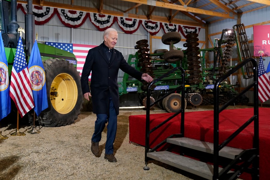 President Joe Biden walks onto stage to speak at Dutch Creek Farms in Northfield, Minn., Wednesday, Nov. 1, 2023. (AP Photo/Andrew Harnik)