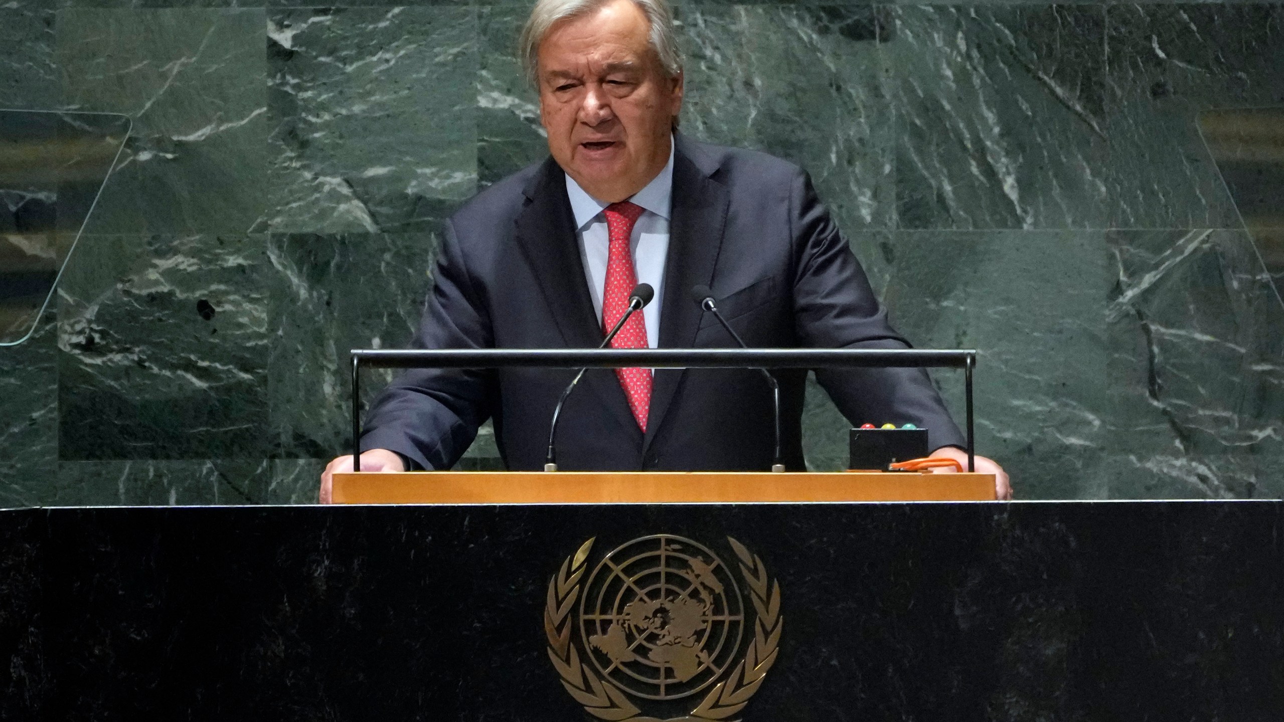 FILE - UN Secretary General Antonio Guterres addresses the 78th session of the United Nations General Assembly, Sept. 19, 2023. Iran is carrying out executions “at an alarming rate,” putting to death at least 419 people in the first seven months of the year, the United Nations chief said in a new report. That's a 30% increase from the same period in 2022. (AP Photo/Richard Drew, File)