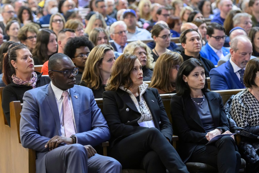 FILE - Michigan Lt. Gov. Garlin Gilcrhist, left, Gov. Gretchen Whitmer and attorney general Dana Nessel attend a community support event at Congregation Shaarey Zedek, in Southfield, Michigan on October 9, 2023. Michigan Democrats have warned the White House that Biden’s response to the Israel-Hamas war could put his reelection campaign in jeopardy in the key swing state next year. The state holds the largest concentration of Arab Americans in the nation and many in the community are pledging to coalesce against Biden’s reelection campaign unless he calls for a ceasefire in the war. (David Guralnick/Detroit News via AP, File)