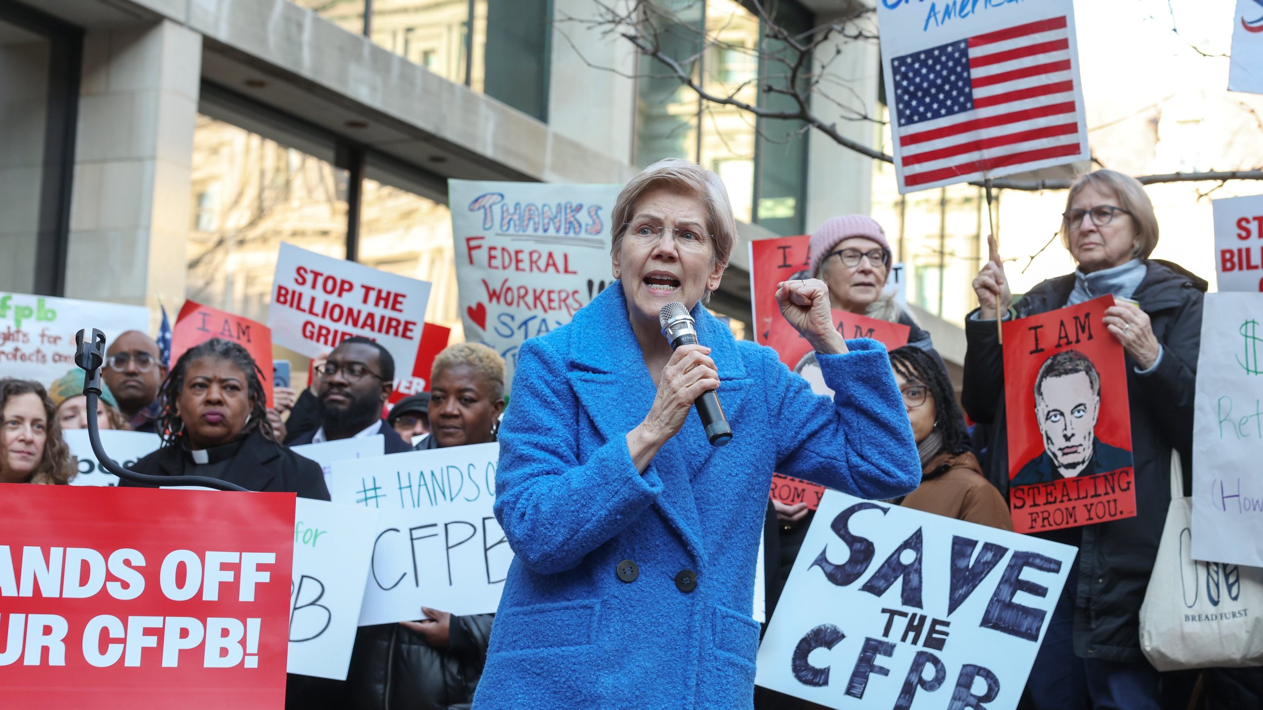 WASHINGTON, DC - FEBRUARY 10:  U.S. Sen. Elizabeth Warren (D-MA) speaks as Congressional Democrats and CFPB workers hold a rally to protest the closing of the Consumer Financial Protection Bureau (CFPB) and the work-from-home order issued by CFPB Director Russell Vought outside its headquarters on February 10, 2025 in Washington, DC. (Photo by Jemal Countess/Getty Images for MoveOn)